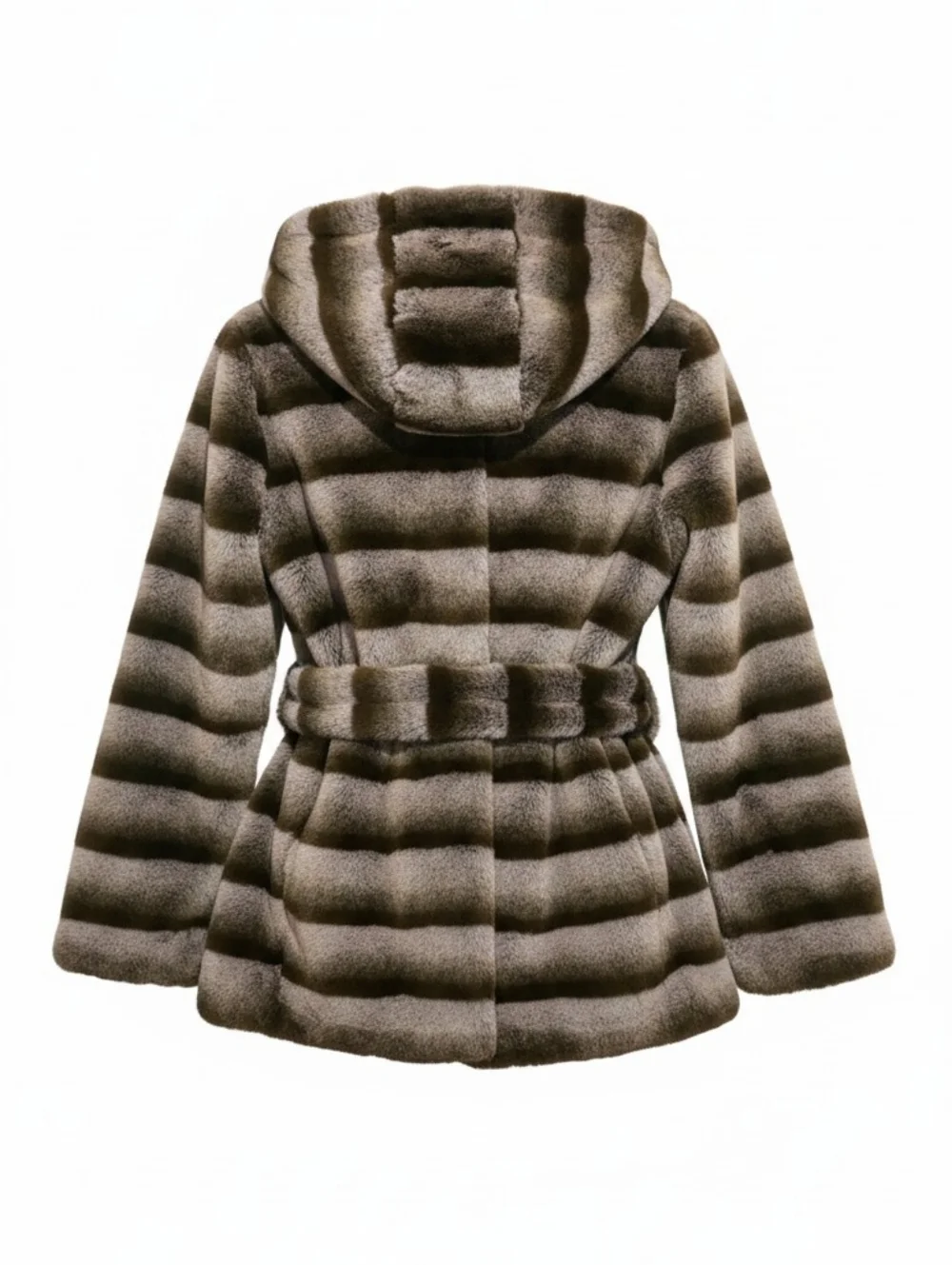 Luxury Faux Fur Hooded Coat Brown Striped Belted Jacket Soft Plush Winter Chic - Picture 4 of 6